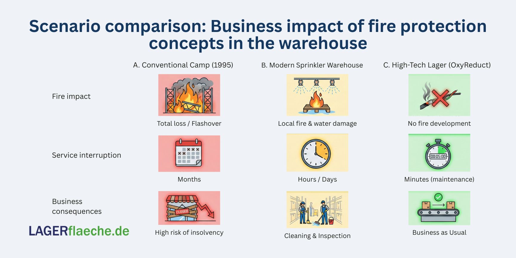 Comparison matrix of three warehouse fire scenarios: Scenario A shows total loss in a conventional warehouse, Scenario B shows mitigated damage via sprinklers, and Scenario C shows zero damage due to oxygen reduction technology.